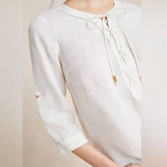 Anthropologie Maeve White Marva Lace up 100% Linen Tunic Top sz 0 | Linen Blouse - Picture 14 of 14